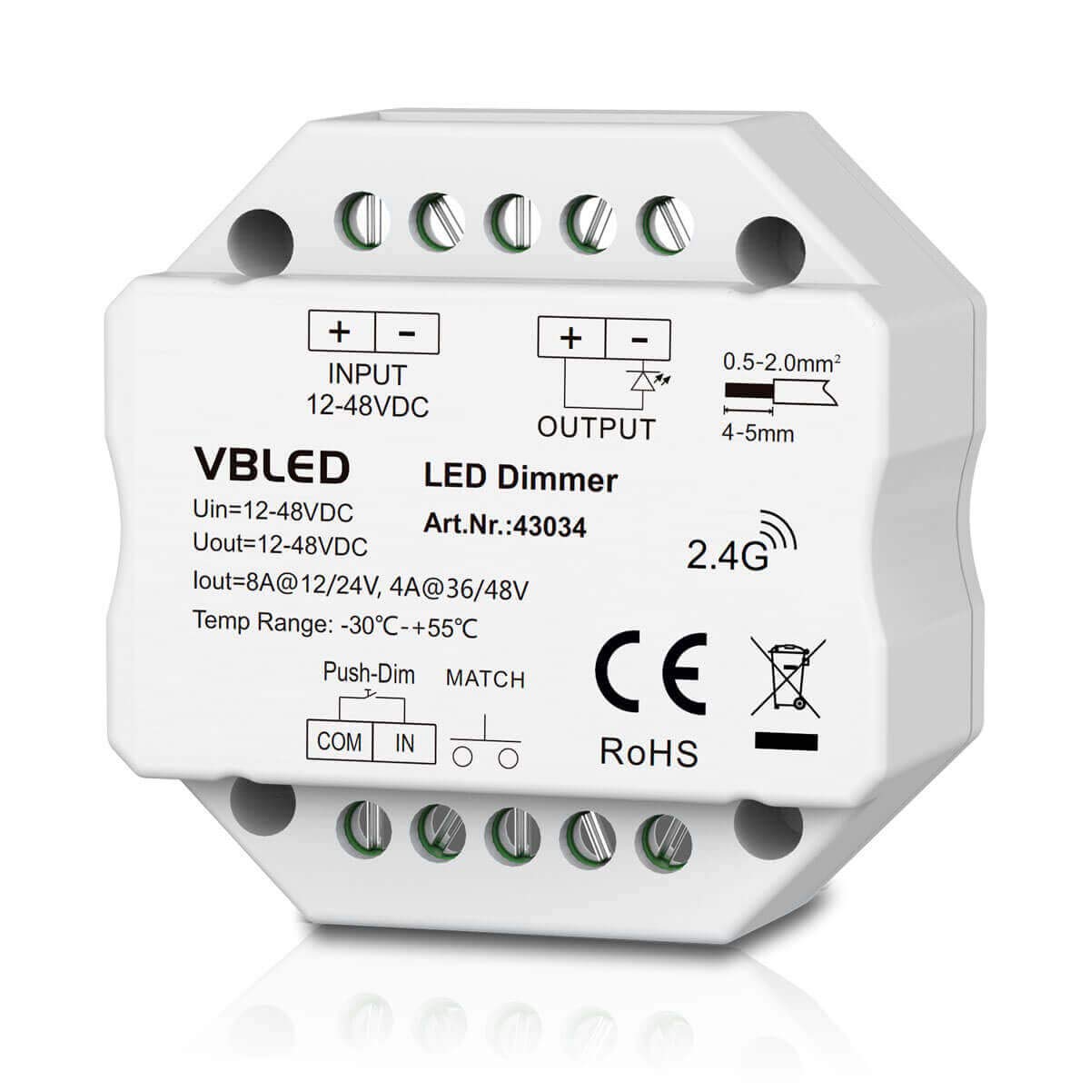 VBLED© "INATUS" SET - Funk Dimmer 12-48V DC incl 4-Kanal Fernbedienung IP20 8A 12V DC = bis 96W / 24V DC = bis 192W