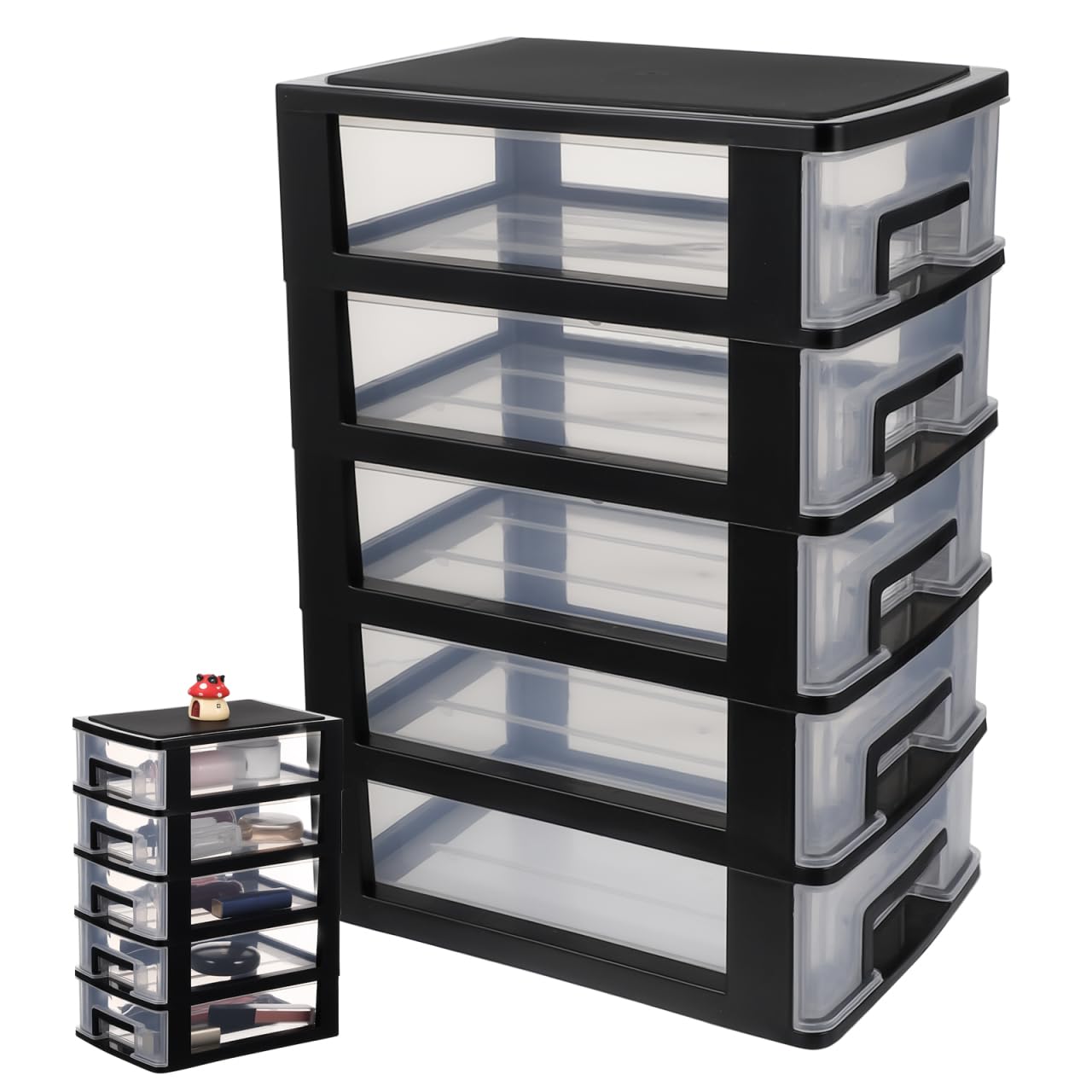 Healeved Organizer per cassetti in plastica a 5 ripiani, con cassetti estraibili trasparenti, organizer da scrivania per forniture per ufficio, artigianato, trucco e piccoli oggetti (nero)