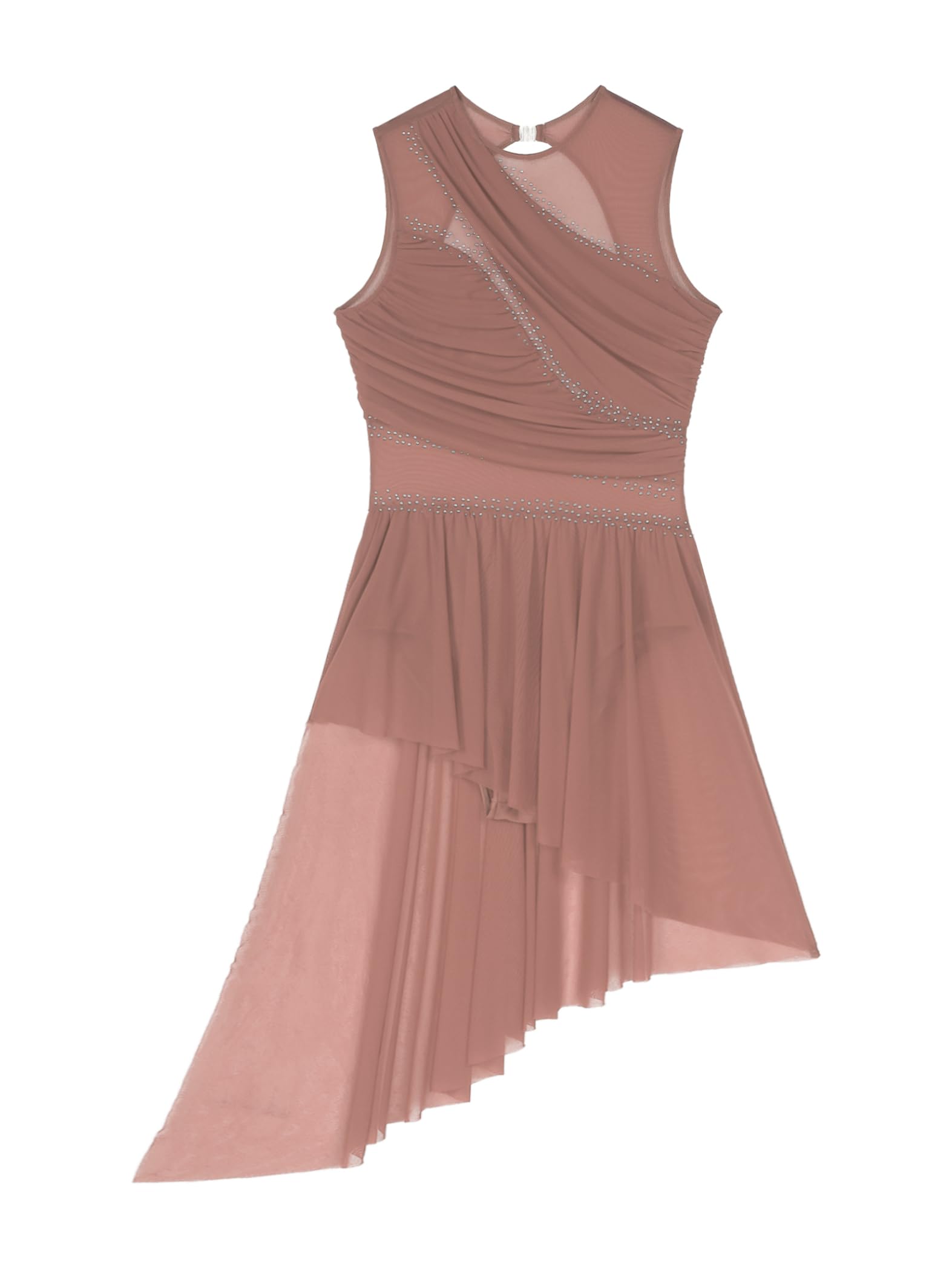 Vestido de patinaje artístico para mujer sin mangas brillante con falda asimétrica