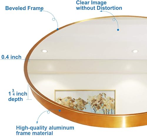 Miniatura 3 de Aloni Espejo de baño, espejo de pared de cobre, redondo con marco de metal, espejo decorativo para baños, baños, entradas, espejo de tocador