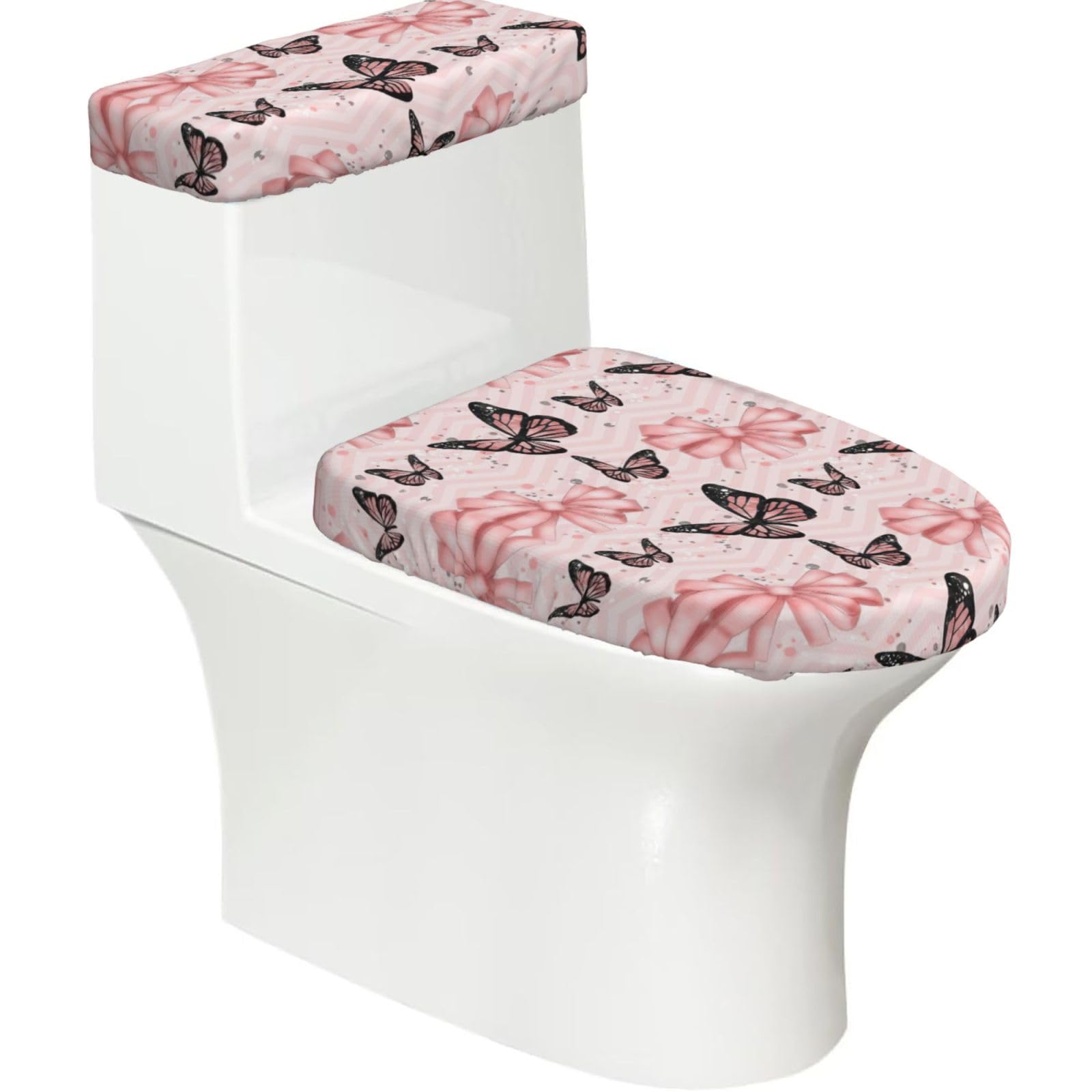 Butterfly Pink Print 2-Piece Stretch Toilet Cover Set, Elastic Breathable Toilet Seat and Tank Lid Protector