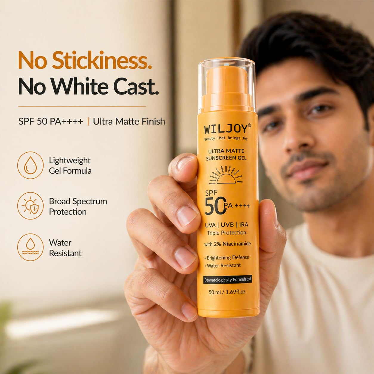 Wiljoy Ultra Matte Sunscreen Gel SPF 50 PA++++ | 2% Niacinamide | For Oily, Acne-Prone Skin | Lightweight Texture | No White Cast | Broad Spectrum UVA/UVB/IRA Triple Protection | Non- Comedogenic | Tan Protection | Photostable | Water & Sweat Resistant | For Men & Women | Dermatologically Formulated | 50 mL 4