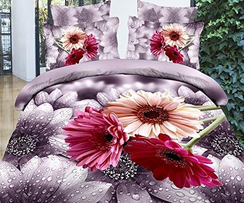 3d Daisy Purple Flower Print Bedding Set, 100% Cotton Queen Size 3d Bedding Set, 4pcs with Duvet Cover, Bed Sheet, 2pillow Case (Comforter Not Included)
