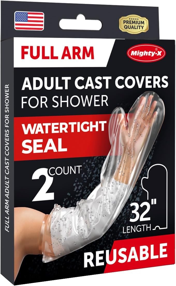 100% Waterproof Arm Cover for Shower - Tight Seal - 2pk Adult Reusable Cast Protectors - Full Arm Bag Sleeves for Wounds Care - After Surgery Plaster Cast Cover for Hand, Wrist, Elbow, Forearm