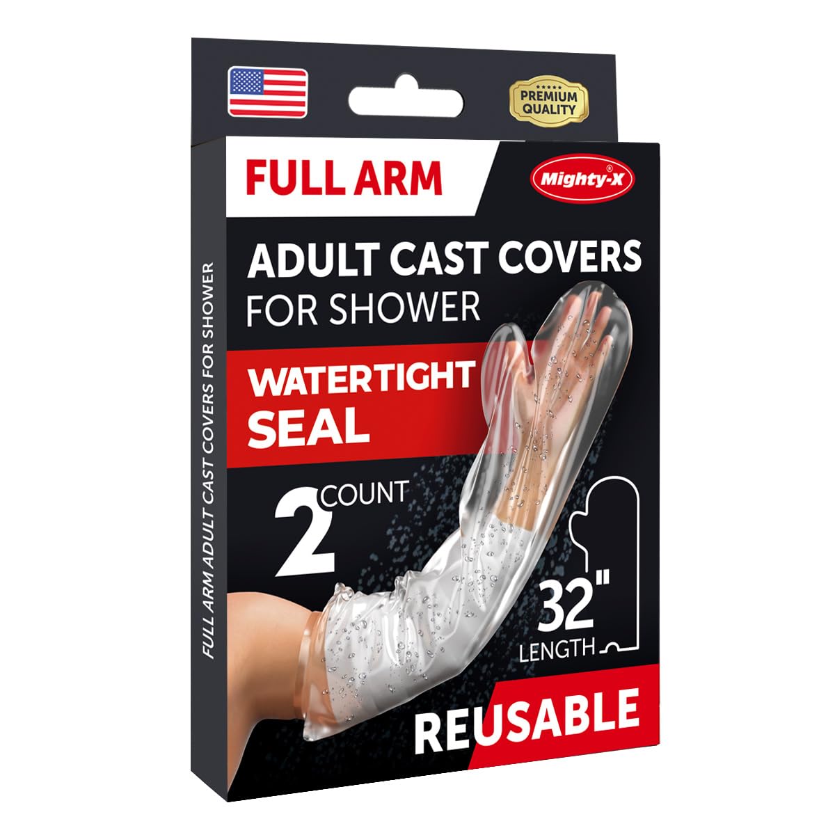 Mighty-X100% Waterproof Cast Cover Arm - [Tight Seal] - Easy to Use - 2pk - Reusable Full Arm Adult Сast Сover for Shower, Shoulder, Hand & Elbow - Waterproof Cover for Shower