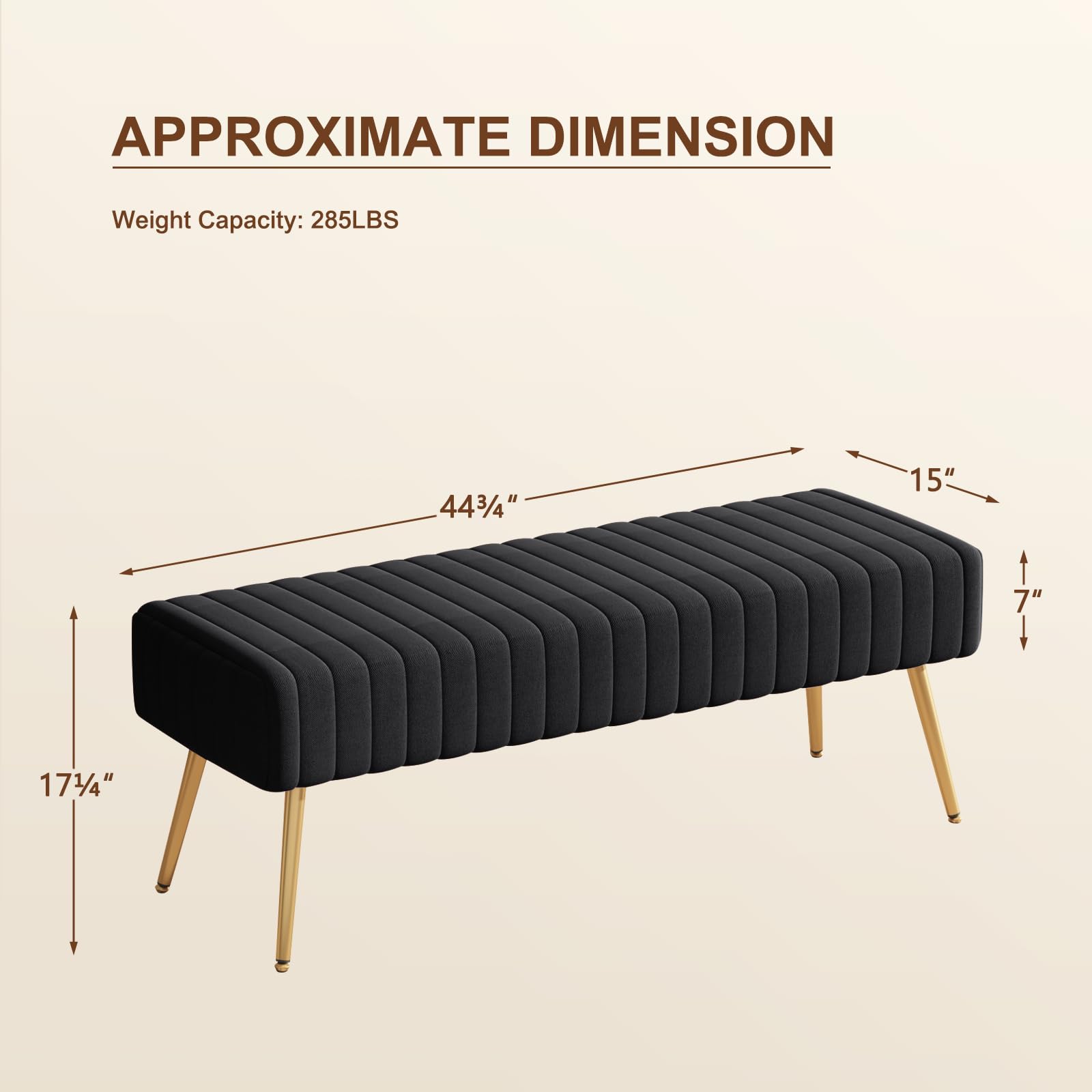 Panca Fondo Letto, Panca Imbottita da Ingresso 113.5x36.5x43cm, Sgabello per Scarpe in Velluto Poggiapiedi Cassapanca con Gambe in Metallo per Camera da Letto Ingresso Corridoio Soggiorno, Nero