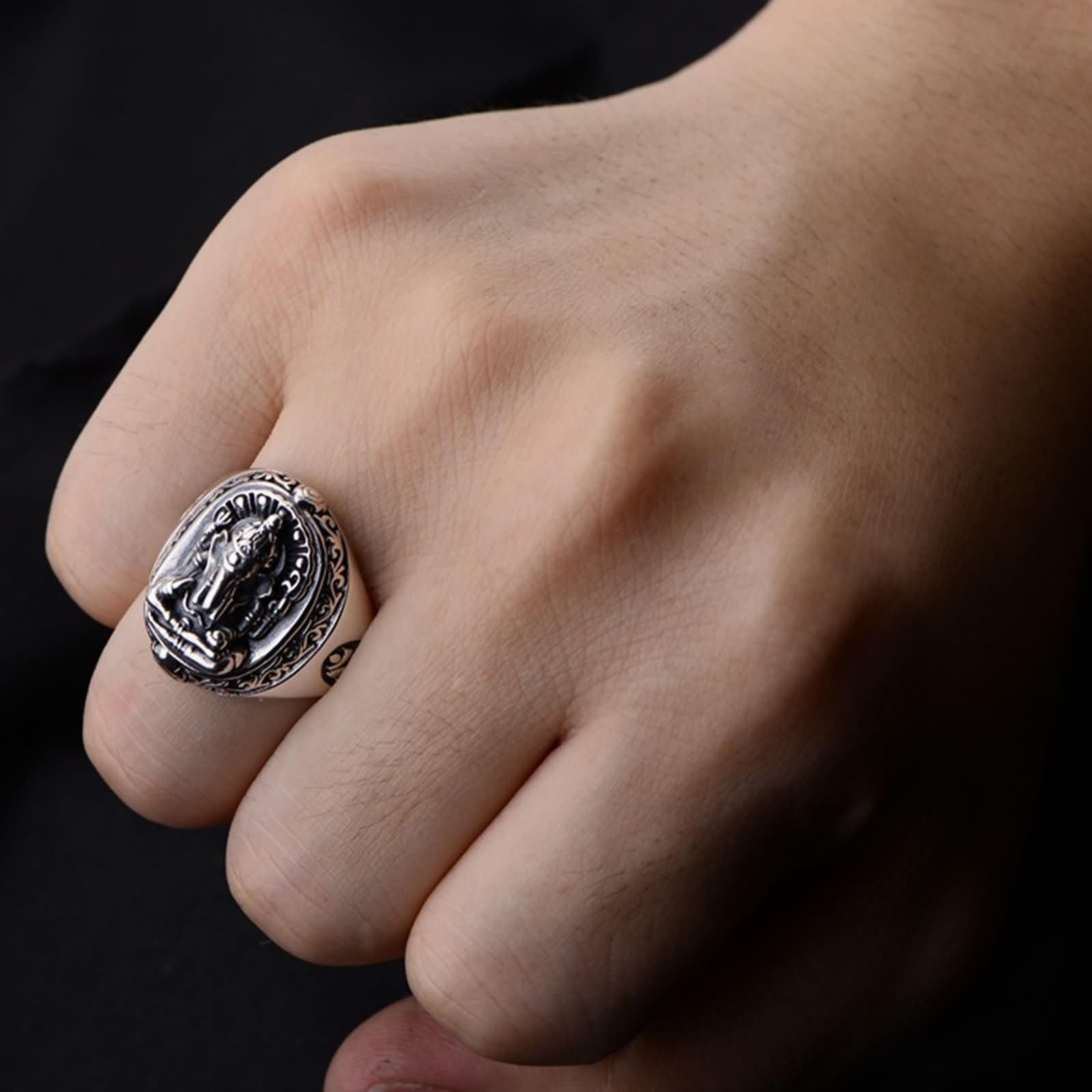 Anello con Incisione Anello Uomo Fidanzamento,Anelli Argento Uomo 925 Buddista Vintage Anello Fidanzamento Argento