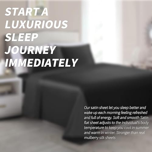 Miniatura 9 de juego de 3 sábanas de satén negro tamaño Twin XL, juego de sábanas de satén sedoso con 1 sábana bajera con bolsillo profundo, 1 sábana encimera, 1