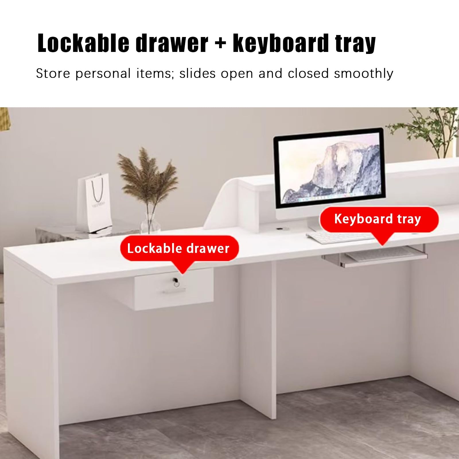 Rezeptionstheke mit abschließbaren Schubladen & LED-Beleuchtung für Hotel, Büro, Einzelhandel(Beige-Right,160cm)