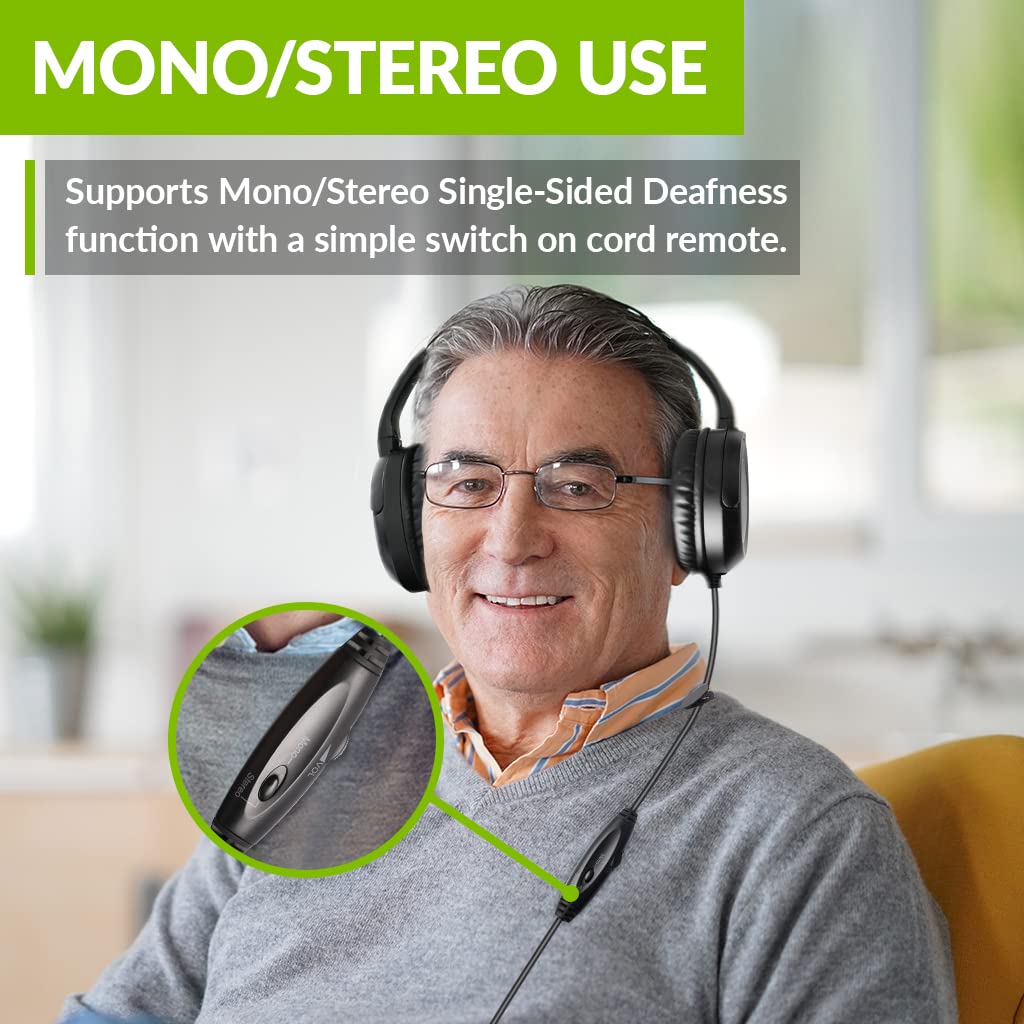 A person wearing Avantree HF2039 headphones, with a close-up inset of the mono/stereo switch on the cable.