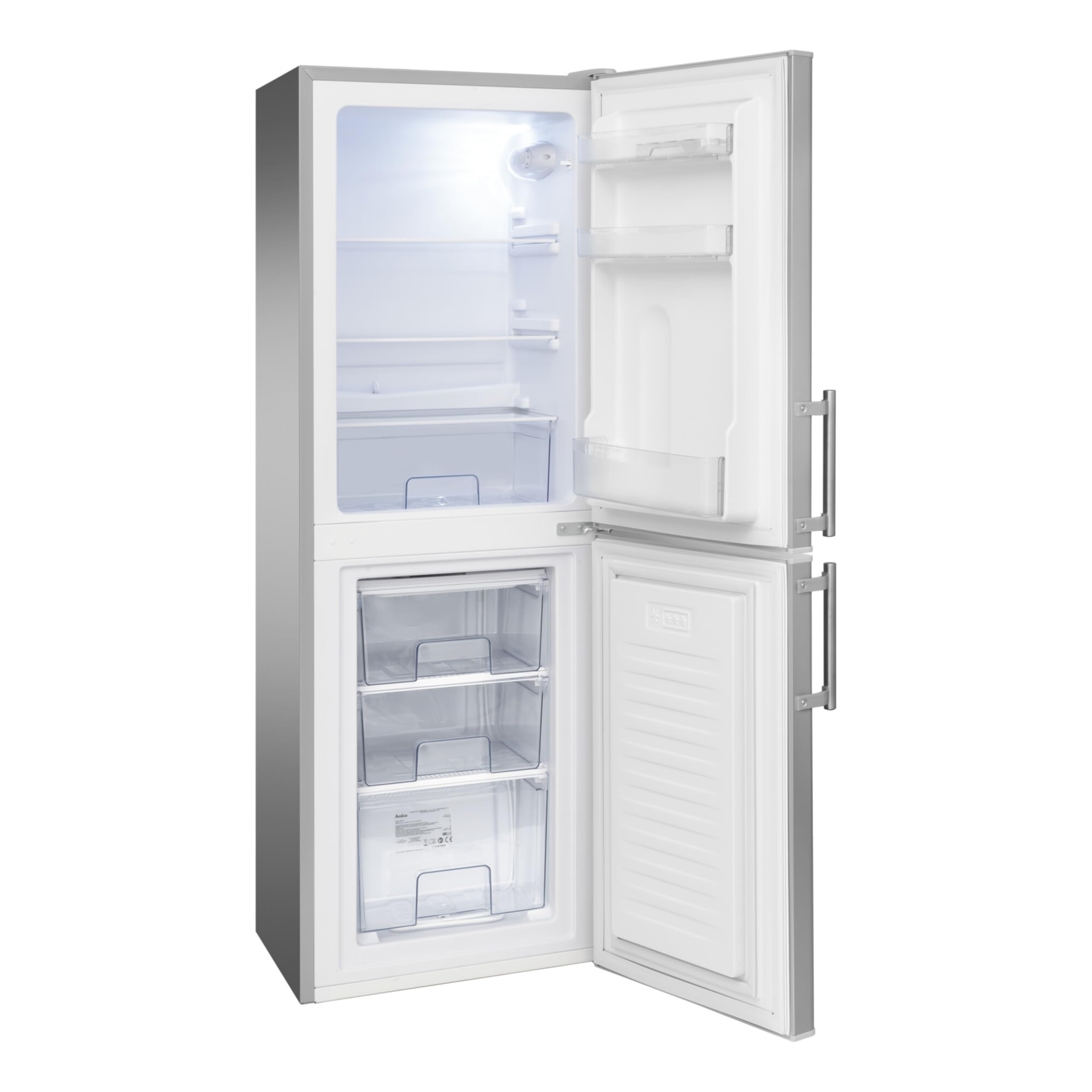 Amica Kühl-Gefrierkombination 138 L 148x52x59 cm KGC 384 111 E | 93 L Kühlteil, 45 L Gefrierteil, Automatische Abtauung, LED Beleuchtung, Gemüseschublade, 3 Gefrierschubladen, Eiertablett