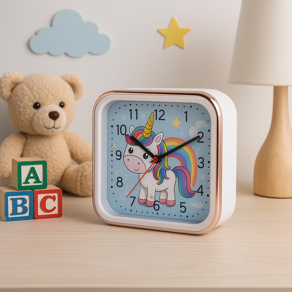 De'rons Analog Table Alarm Clock for Heavy Sleepers Alarm Clock for Study Table Funny Cute Unicorn Cartoon Poster Alarm Clock for Girls Kids Boys Bedroom 15 x 15 cm 2