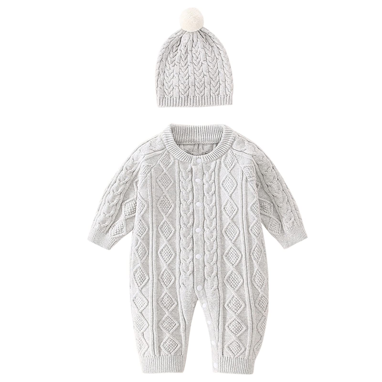 RNTOP Baby Girl Boy Sweater Romper Cable Knit Jumpsuit Infant Crewneck Solid Color Bodysuit with Hat (Grey, 3-6 Months)