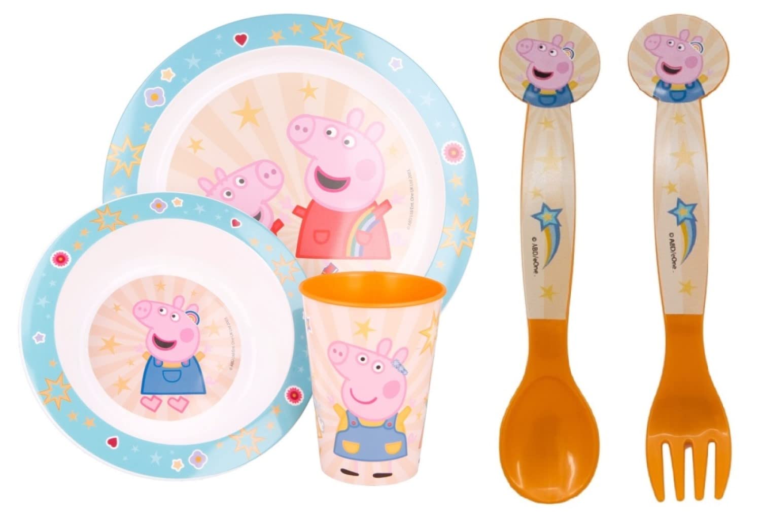 Buosha STORLINE Peppa, George Characters 5 Piece Coloured BPA-Free Micro Dining Set - Plate Bowl Tumbler Spoon and Fork Dinnerware Set for Children