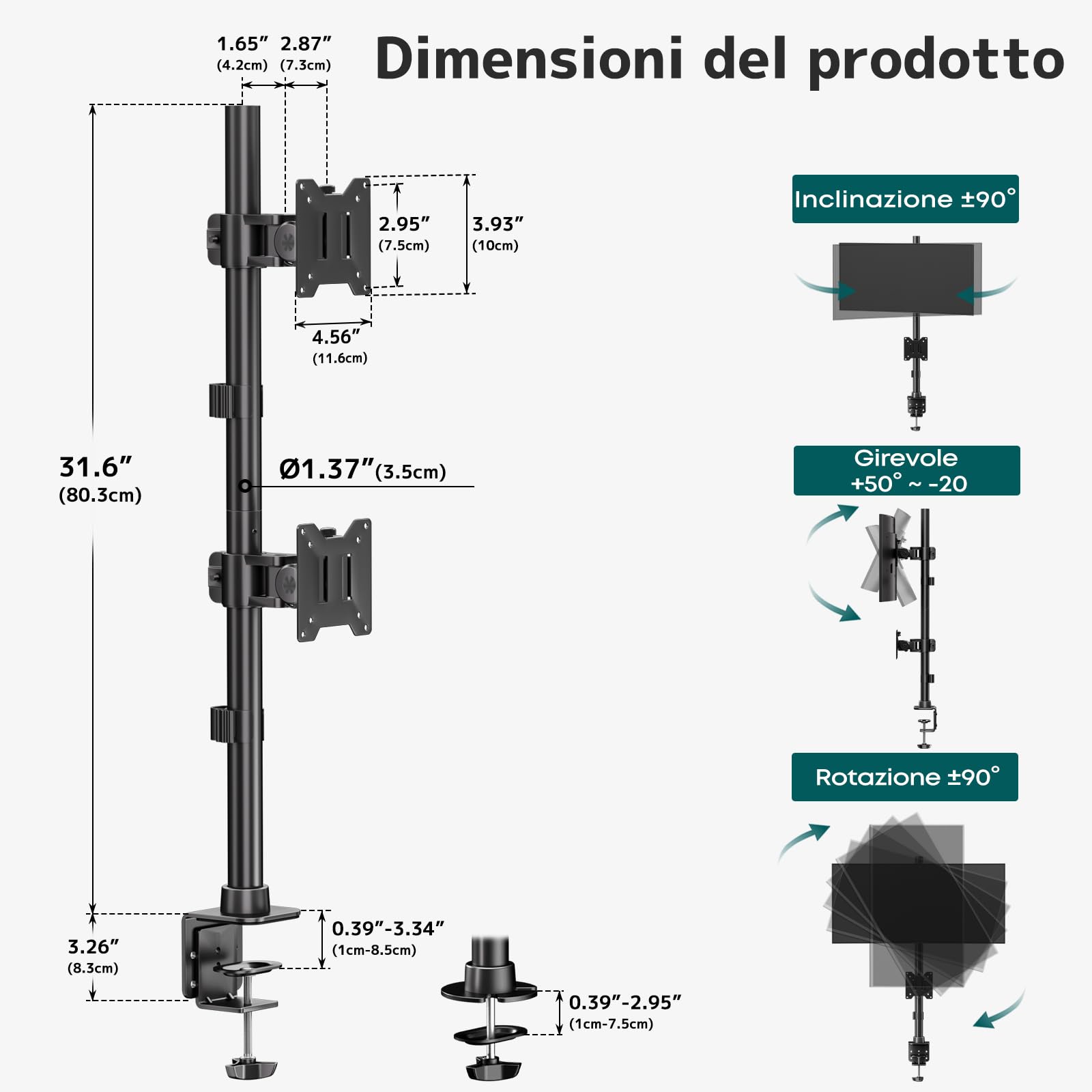 Supporto Doppio Monitor Verticale, Supporto per schermi ad alta resistenza con palo extra alto da 803 mm e impilamento verticale per monitor da 17" - 49" con rotazione