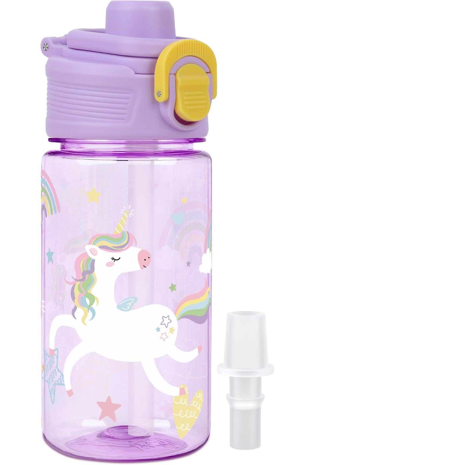 omedecal Kids Water Bottles with Straw, 380ml Boys Girls Leakproof Water Bottle with Bite-to-Sip Spout, Secure Lock and Carry Handle, Bpa-Free for Kids Nursery Sports School - Purple Unicorn