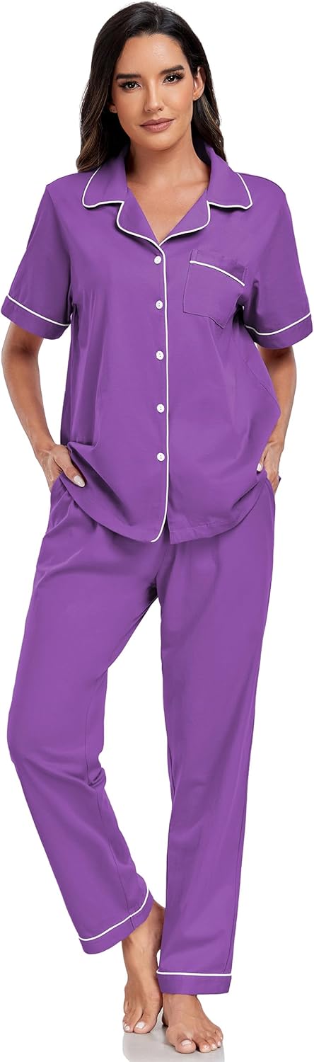 EA'S SECRET Womens 100% Cotton Pajama Sets Short Sleeve Shirt and Long Pajama Pants Button Down Sleepwear Pjs for Women - Image 3