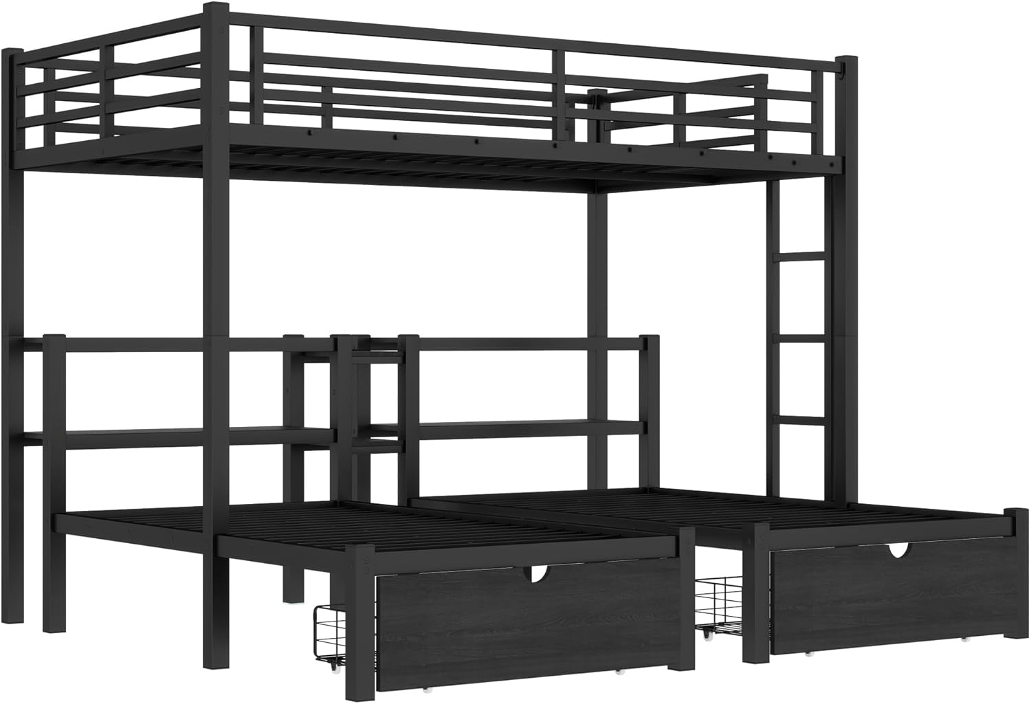 Full XL Over Twin Over Twin Triple Bunk Beds with Storage Drawers, Shelves, Heavy Duty Triple Bed with Charging Station, Space-Saving Triple Bunk Bed with Safety Guardrails 3 People, Black