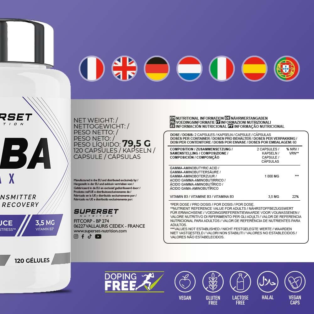 Superset Nutrition - Gaba Max (120 capsules végétales) - Favorise un sommeil réparateur et aide à améliorer la récupération musculaire - 1000 mg de GABA par gélule