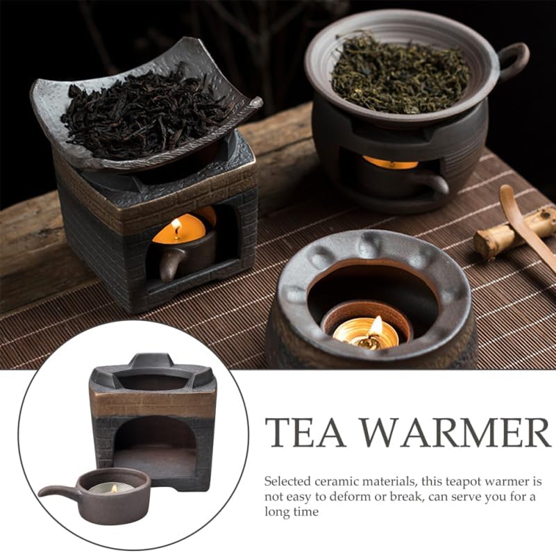 PRETYZOOM Ceramic Teapot Warmer Set with Candle Holder and Plate Compact 4.33X3.74X3.74In Retro Tea Stove for Home Office Desk Use Sturdy Warmer for Heating and Toasting Tea
