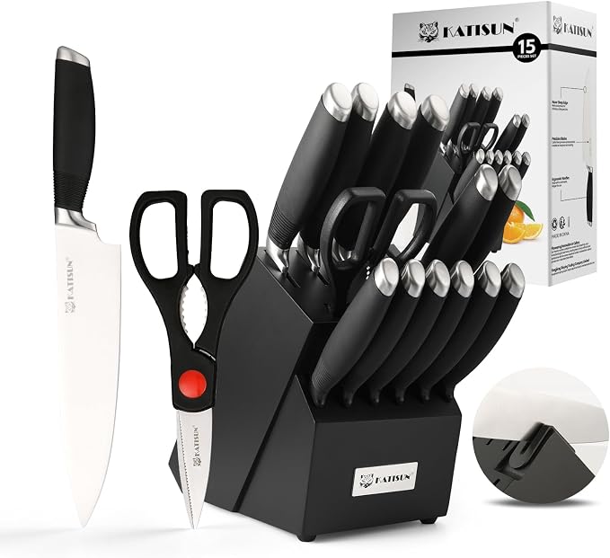 15-Piece Knife Set, German Steel, Durable and Dishwasher Safe, Ergonomic Handle Knife Block set with Built-in Sharpener for Chopping, Slicing, Dicing&Cutting Black
