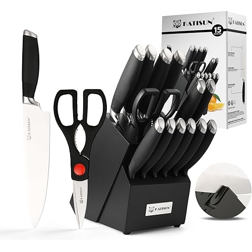 15-Piece Knife Set, German Steel, Durable and Dishwasher Safe, Ergonomic Handle Knife Block set with Built-in Sharpener for Chopping, Slicing, Dicing&Cutting Black