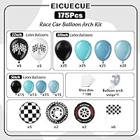 Vista 2 de Kit de arco de globos de auto de carreras, 175 globos de diferentes tamaños, banderas de neumáticos, a cuadros, negro, azul, blanco, kit