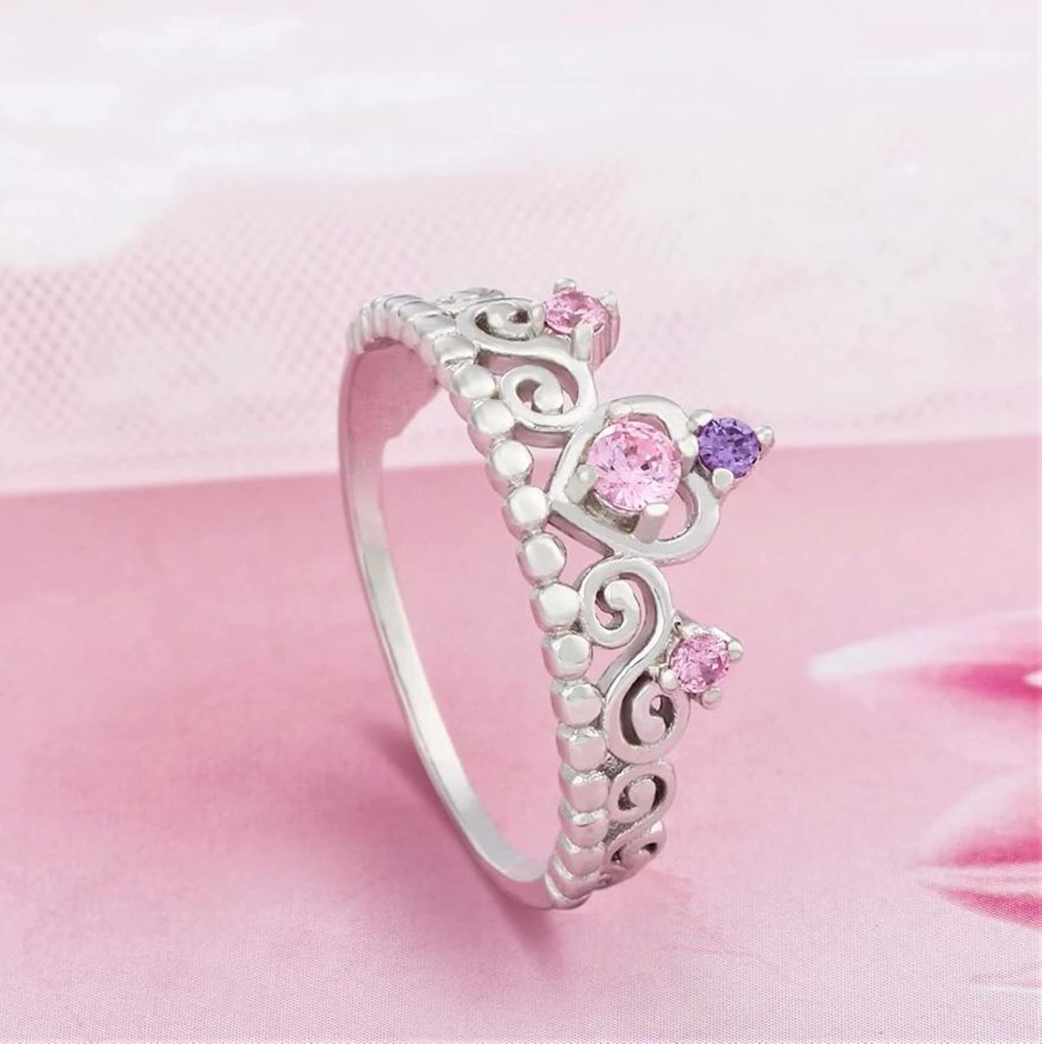 925 Sterling Silver Heart Shaped Princess Crown Ring with Pink Cubic Zirconia for Women, Wedding Engagement Promise Rings Set for Her