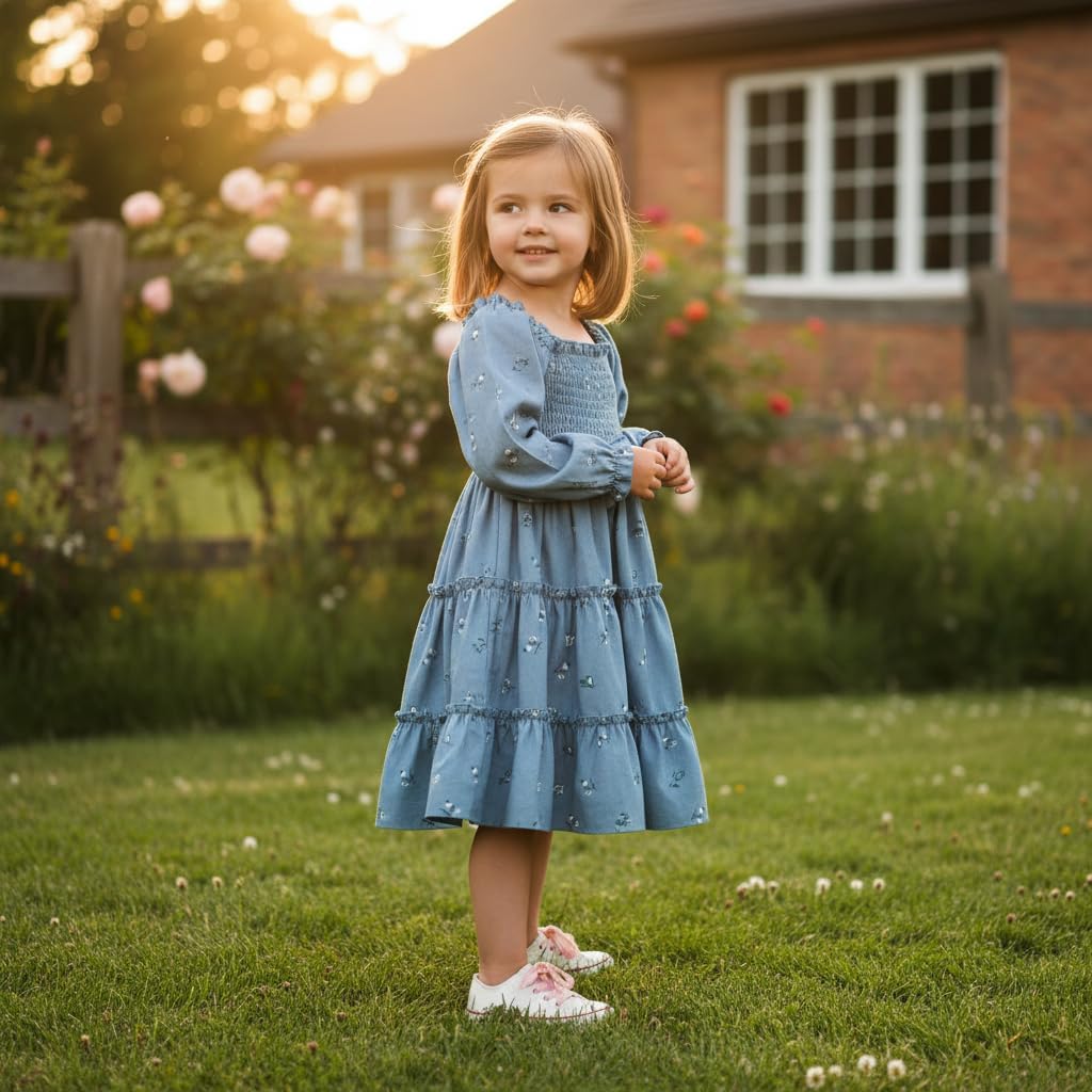 Toddler Girl Dress Long Sleeve Baby Floral Smocked Square Neck Playwear Dress | Spring Fall Casual Dresses 1-6Y