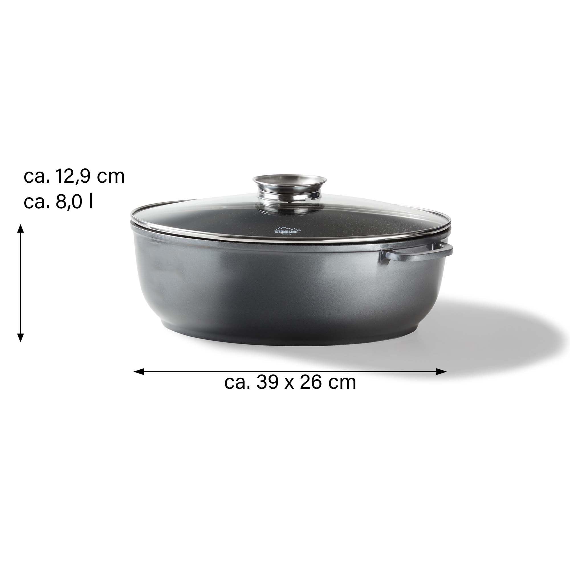 STONELINE Gourmet Bräter mit Deckel Induktion Oval 39x26 cm, 8,5 L, Aluguss Topf beschichtet mit echten Steinpartikeln mit Aromadeckel Bratentopf Schmortopf mit Deckel Backofengeeignet, alle Herdarten