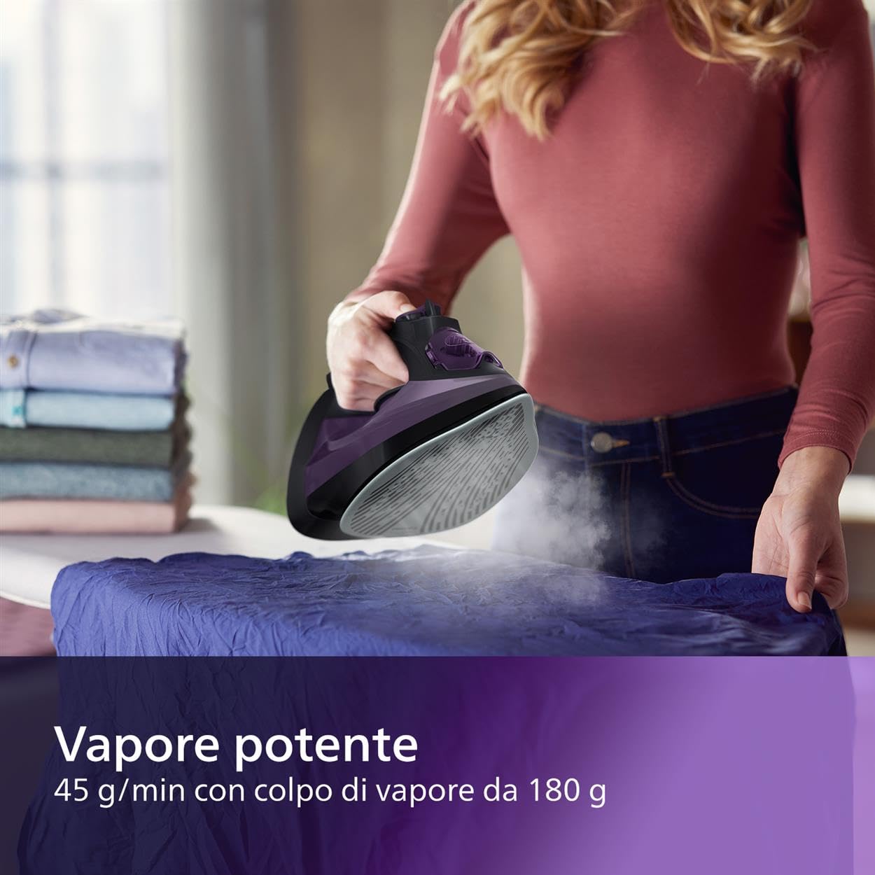 Philips Domestic Appliances 5000 Series Ferro da Stiro a Vapore - 2400W, Vapore 45g/min, Colpo di Vapore 180g, Stiratore Verticale, Piastra SteamGlide Plus, Nero/Viola (DST5030/80)