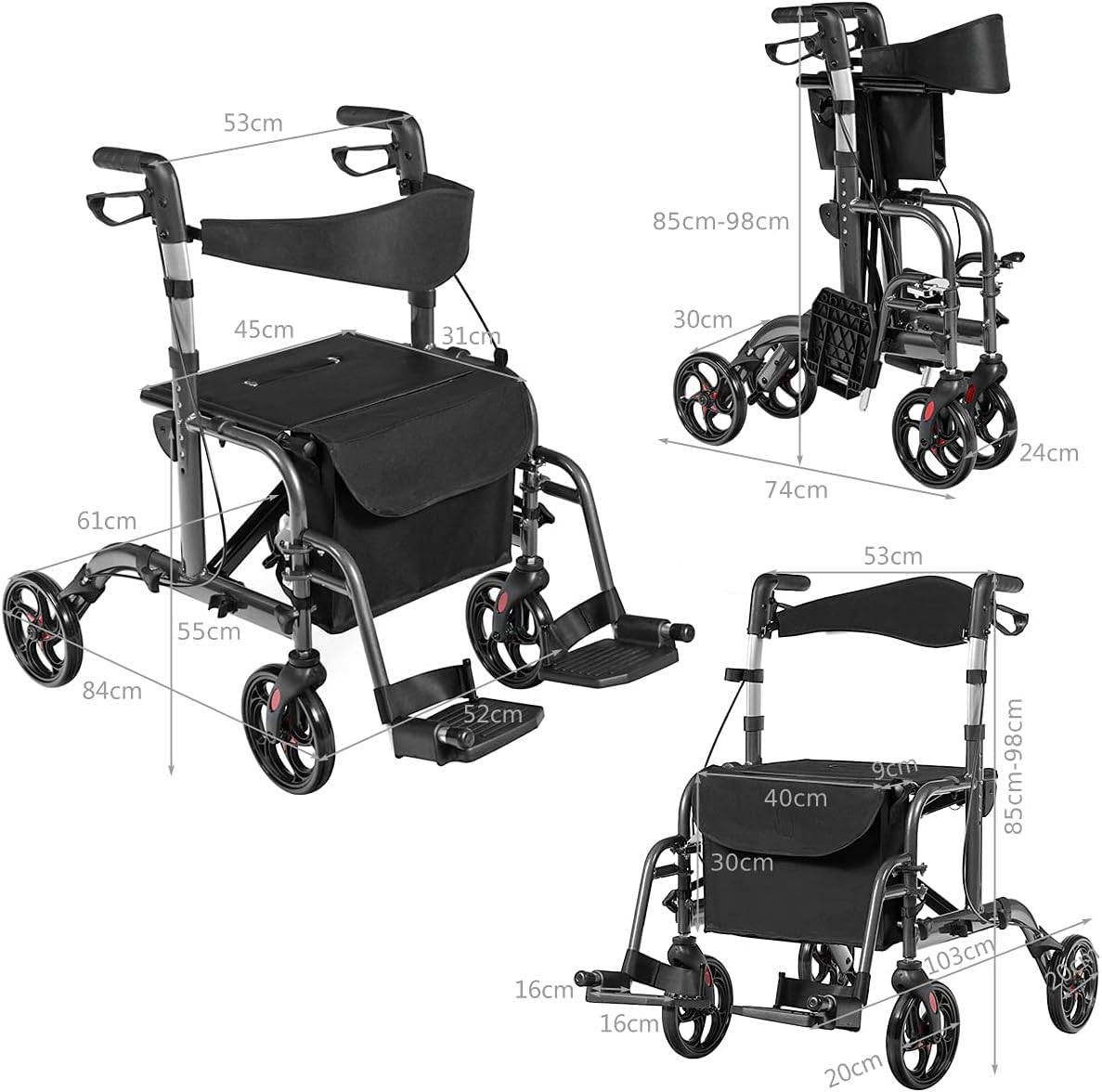 Rollator Plegable, Ayuda a la Movilidad Ligera con Bolsa de Almacenaje y Freno, Andador de Movilidad Ajustable para Ancianos y Discapacitados (Color : A)