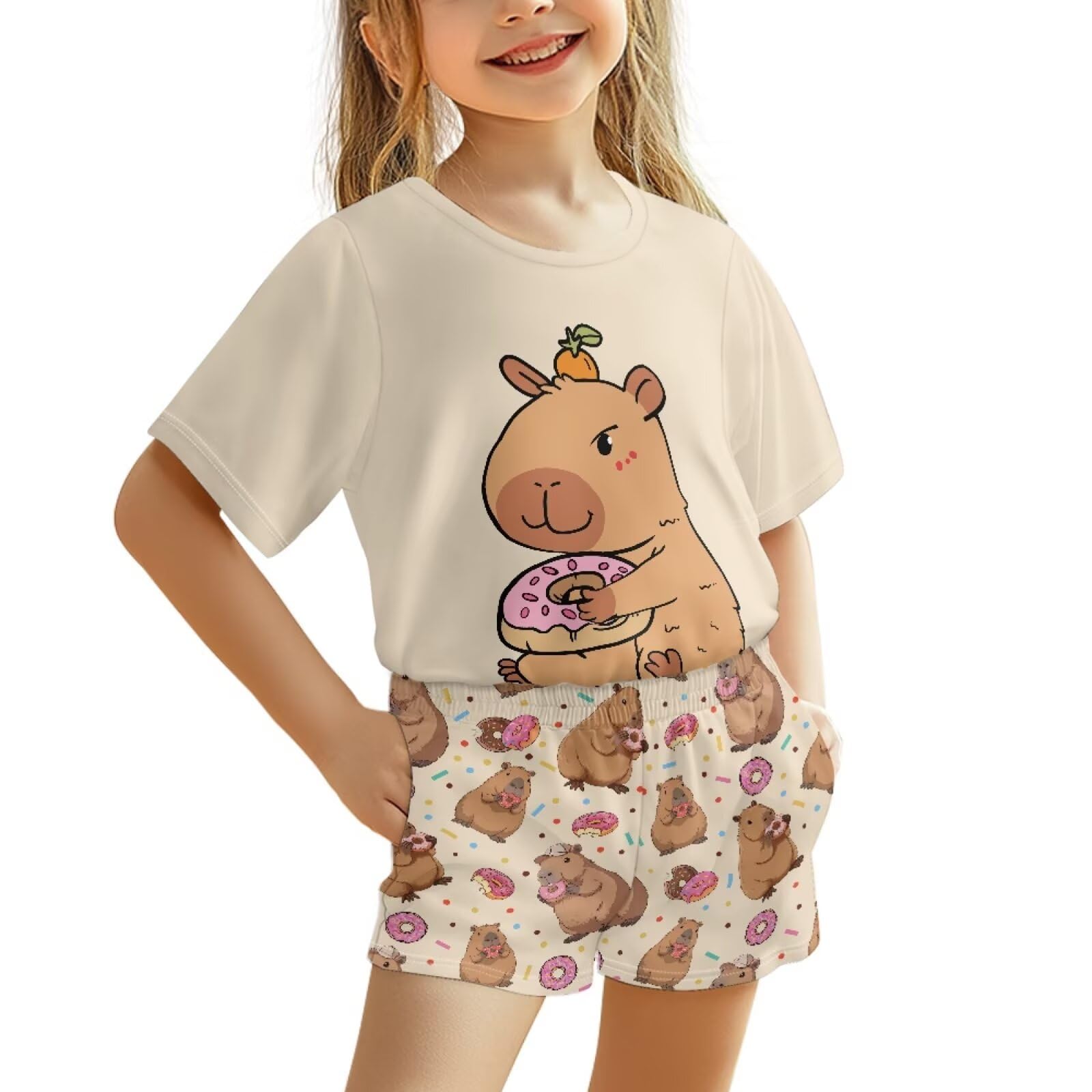 Conjunto de pijama de verano de manga corta para niñas, ropa de dormir de 2 piezas con bolsillos