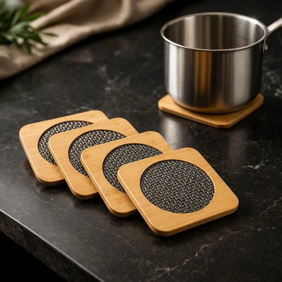 Kit 4 Descansos de Panela em Madeira Quadrado - Suportes de Bambu para Panela Quente - Proteção de Mesa - Utensílio de Cozinha Antiderrapante Resistente ao Calor