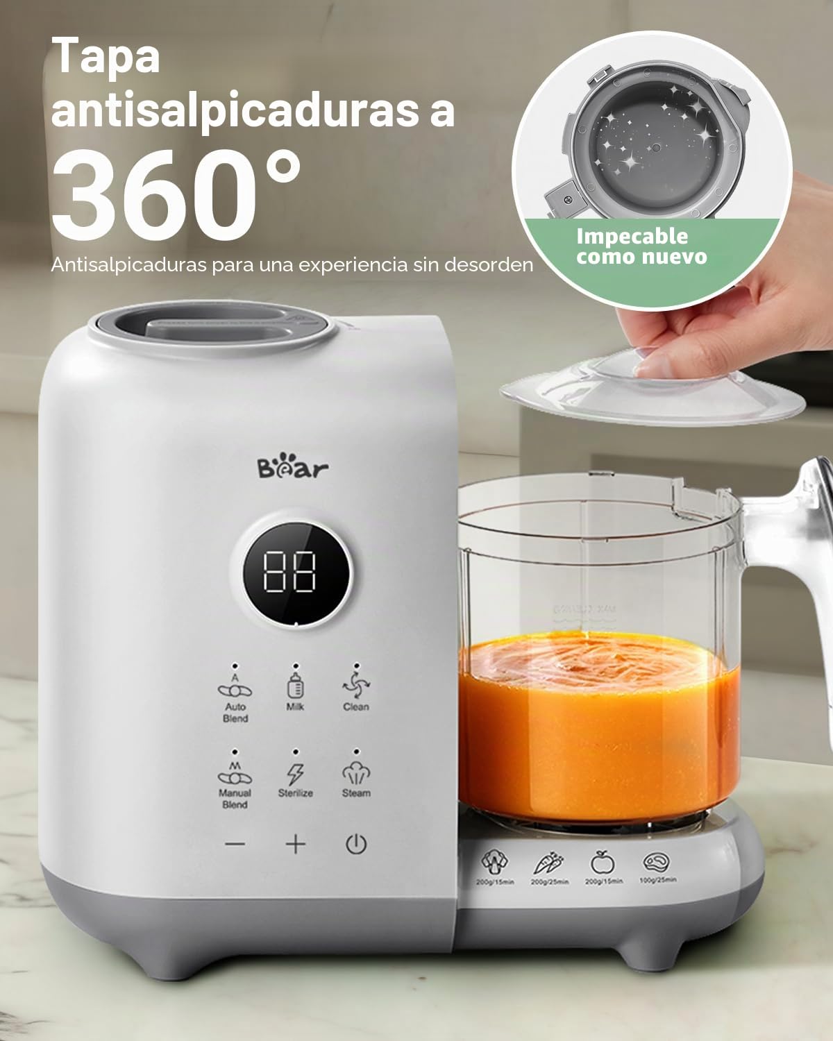 Bear Vaporera 6 en 1 con batidora premium para alimentos para bebés, vapor, agitación automática, calentamiento de leche, desinfección, función de autolimpieza, función de limpieza automática (Blanco)