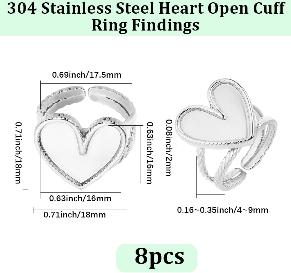 Beebeecraft 8Pcs Cabochon Ring Setting, 304 Stainless Steel Silvery Heart Open Cuff Rings Adjustable Blank Ring Base Tray Components for Jewelry Making DIY Crafts image 2