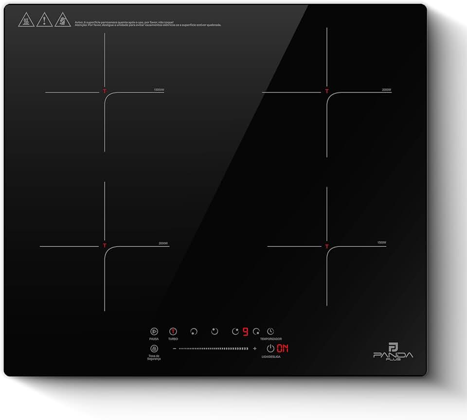 Cooktop Indução 4 Bocas PandaPlus 7000W Turbo Preto 220V Vitrocerâmico Touch Embutir Trava Segurança Premium