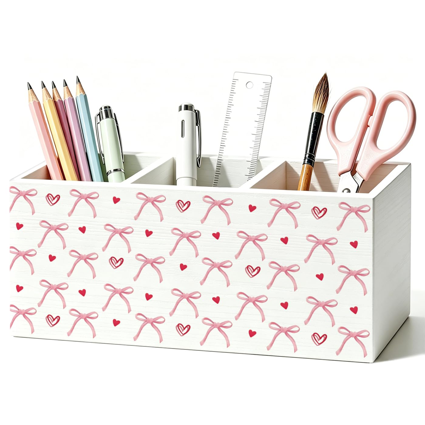 MAYJOYDIY Portapenne in legno con fiocco rosa, 3 scomparti, organizer per matite 20 × 9 × 6,5 cm, cuore rosa, porta pennelli da trucco per ufficio, camera da letto, dormitorio, scrivania, decorazione