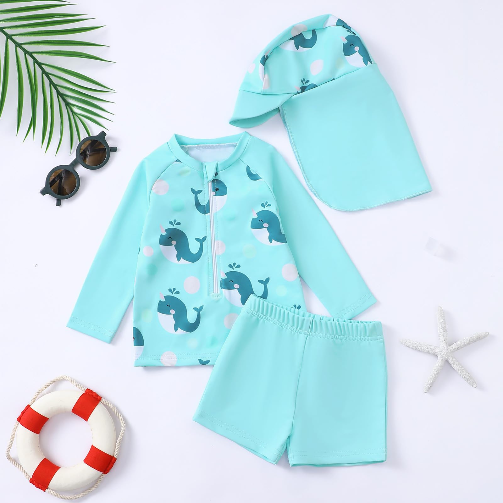 Baby N -Set für Jungen mit Dinosaurier-Print, langärmeliges Rashguard-Schwimmshirt mit Badehose Mütze für Babys Kleinkinder von 0 bis 3 Jahren, Sommer-Strand-Pool-Outfit (Mint Green1, 6-12 Months)
