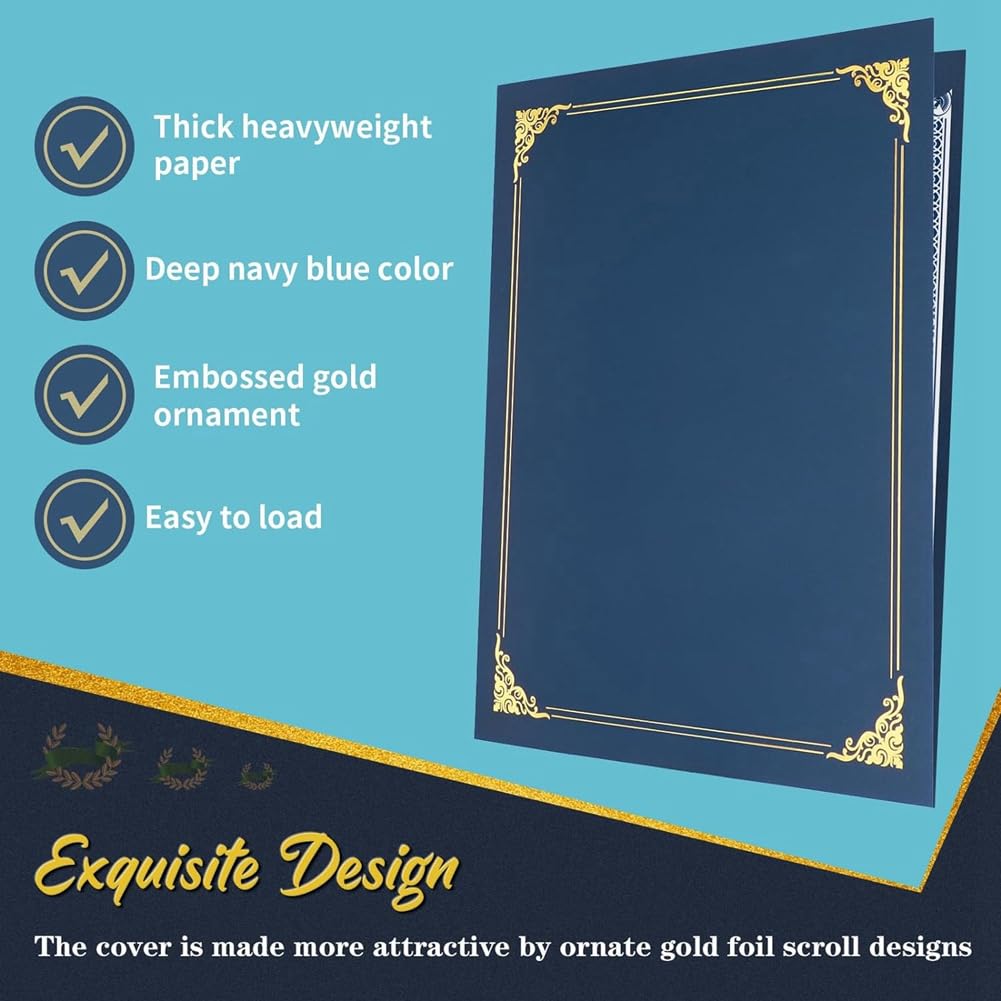TOBEOME 10 Piece Certificate Holders, Diploma Holders Certificate Covers with Gold Foil Border Blue Paper for Letter Size 8.5x11 Inch - Image 2