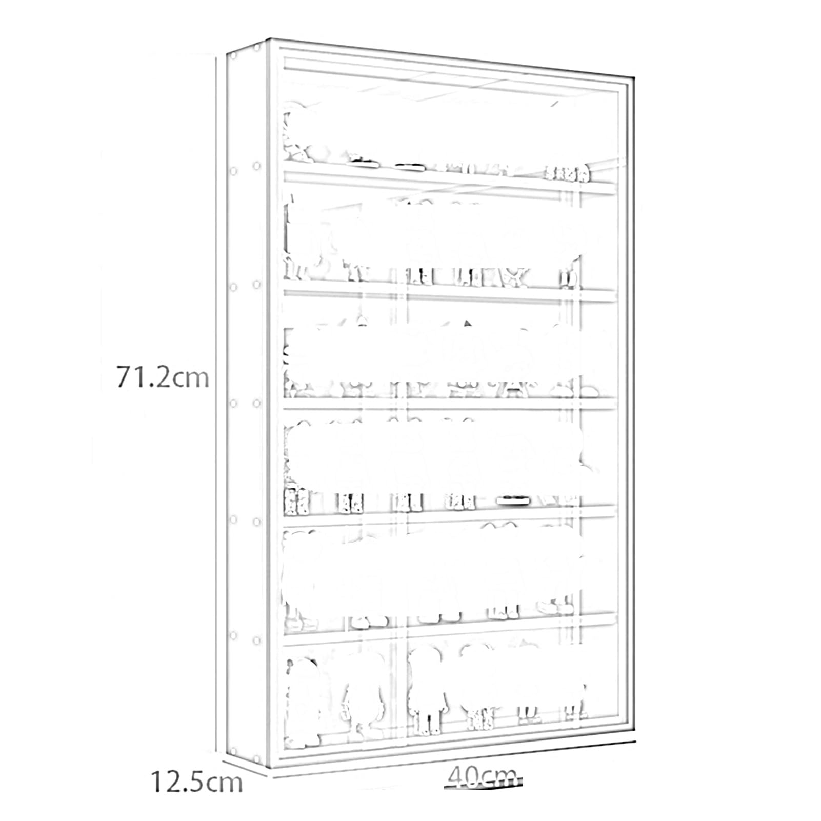 Vitrina de pared de 7 niveles con puerta de cristal para almacenamiento de figuras coleccionables y adornos, elegante nizer para sala de estar y dormitorio (blanco, 40 x 12,5 x 71,2 cm)