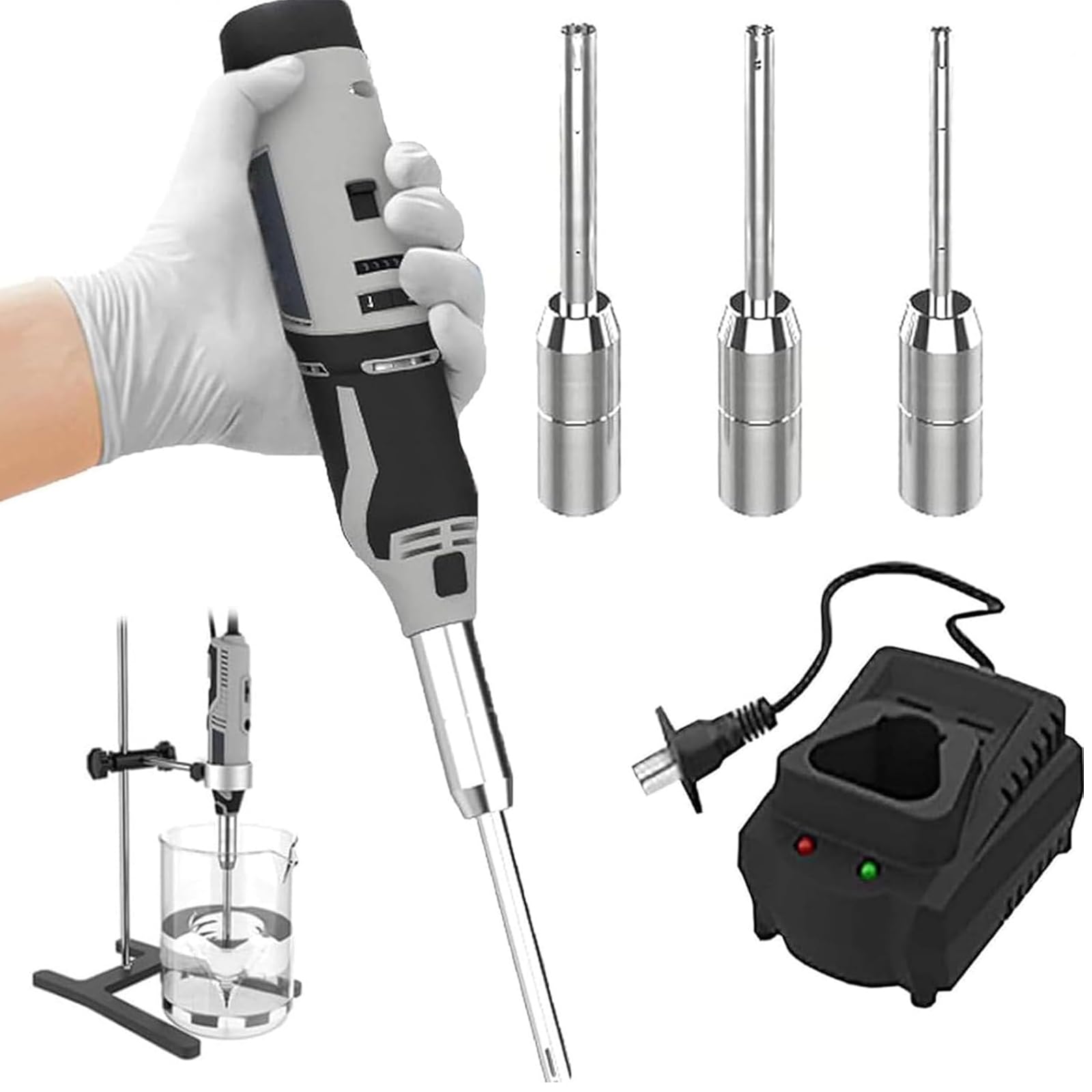 Homogenizator tkanek laboratoryjnych, 0,5-250 ml emulgator rozpraszający o wysokiej prędkości, głowice robocze 6 mm/8 mm/10 mm i stojak H, do homogenizacji, mieszania, wtyczki