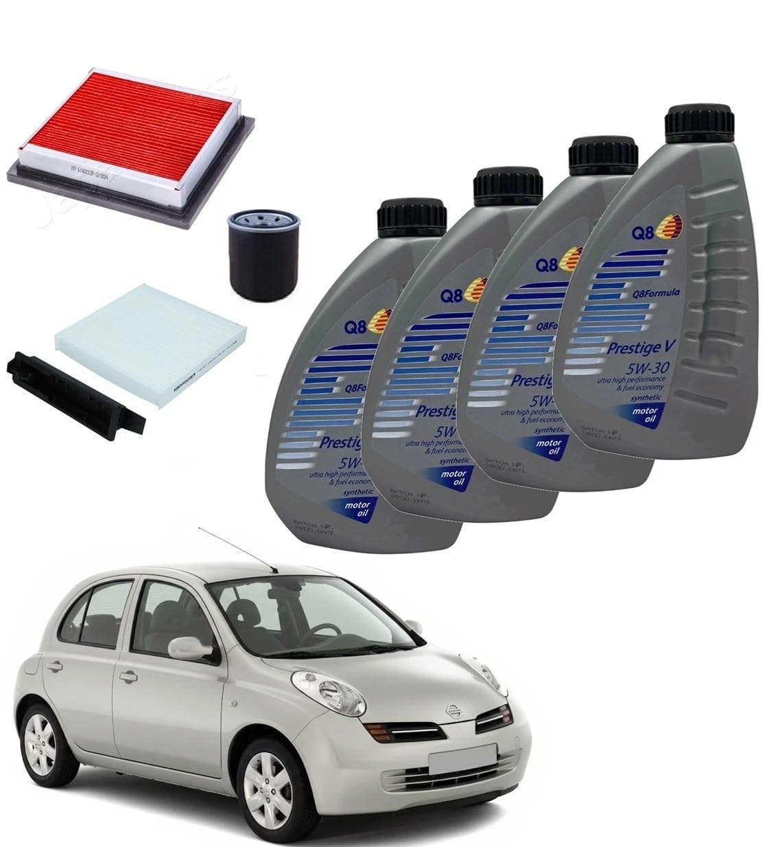 Kit Filtri Tagliando Micra K12 dal 2003 al 2010 con 4 Litri Olio Motore Q8 5w30 Prestige V | Kit Filtri e Olio Motore
