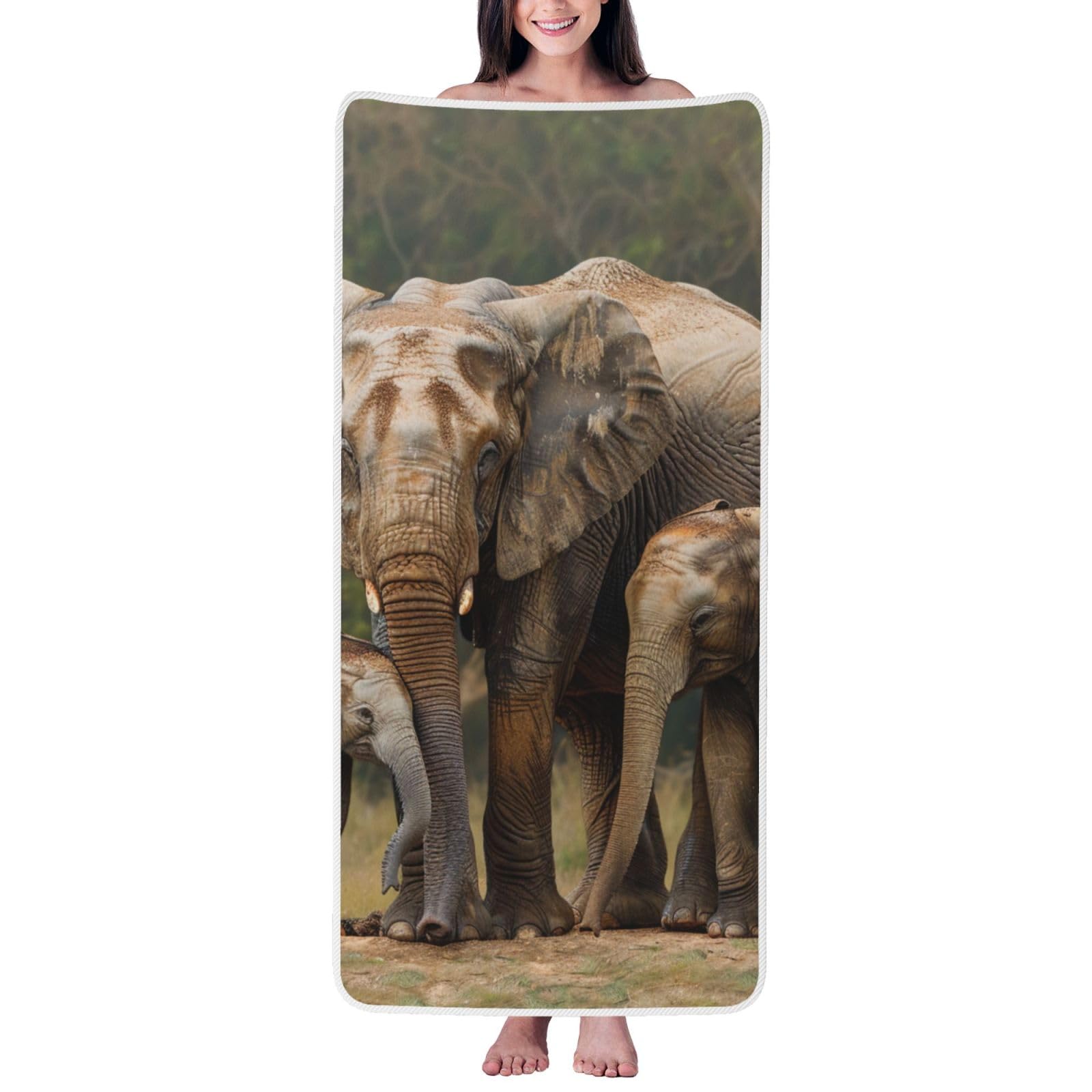 WPKJU Elephant Family Printed Bath Towel with White Edging - 27x55 in Soft Extra Absorbent Coral Velvet Shower Towels for Bathroom