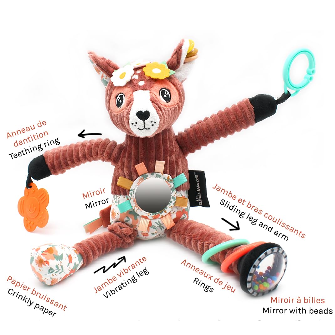 LES DEGLINGOS - Peluche d'activité Nomade Melimelos la biche - Terracotta - Jouet d'éveil pour bébé - Idée cadeau - Dès la naissance - 36 cm