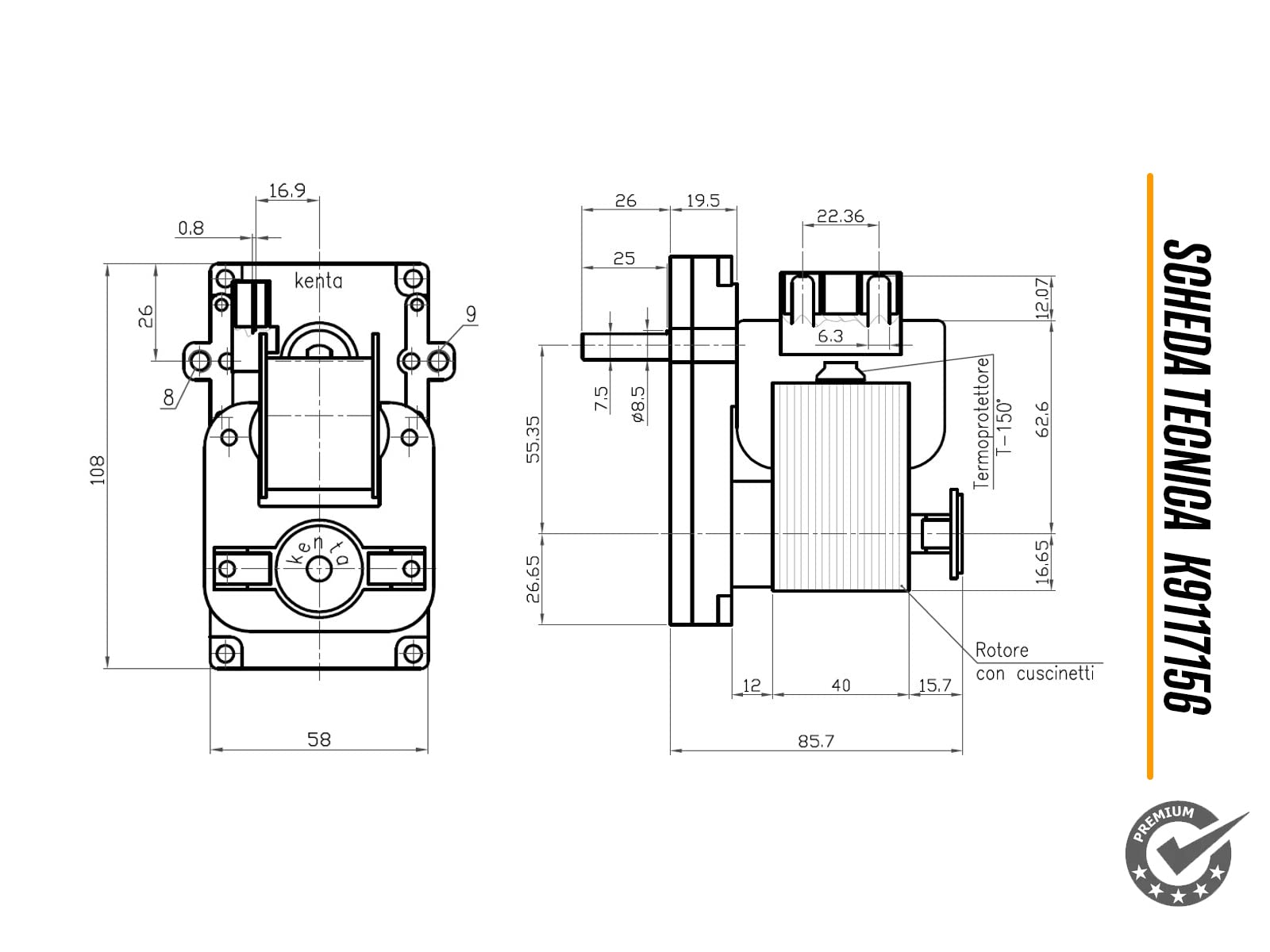 ERICAMBI, Motoriduttore K9117156 Kenta per Stufe a Pellet, Velocità 5rpm, Pacco Lamellare 40mm, Ø Albero 8,5mm, Senso di Rotazione Oraria, Spianatura Singola
