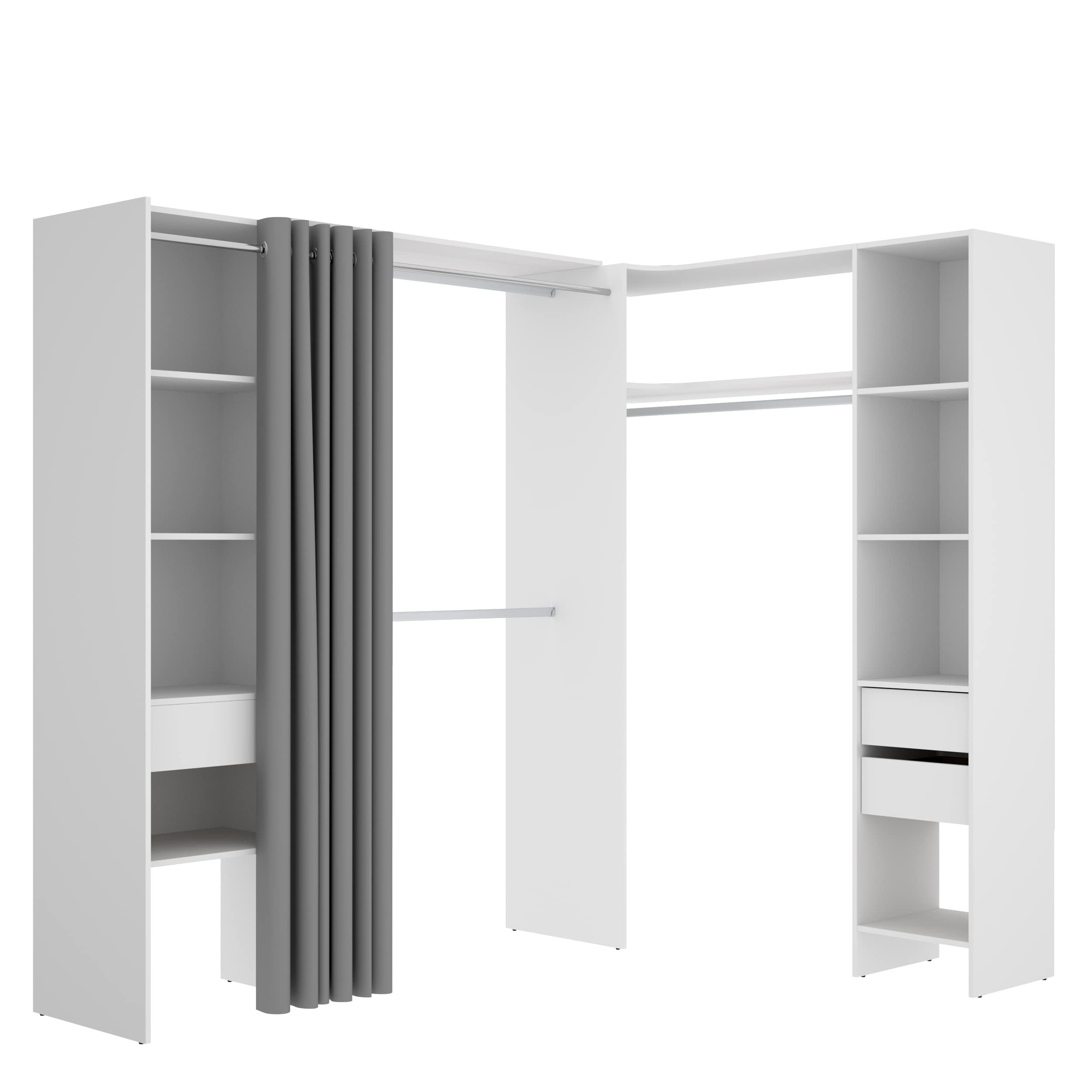 DEKIT GRUPO RIMOBEL SUIT - Conjunto de Vestidor rinconero con dos columnas, zona de barras y cortina - Blanco - 205 x 164-214 x 141 cm