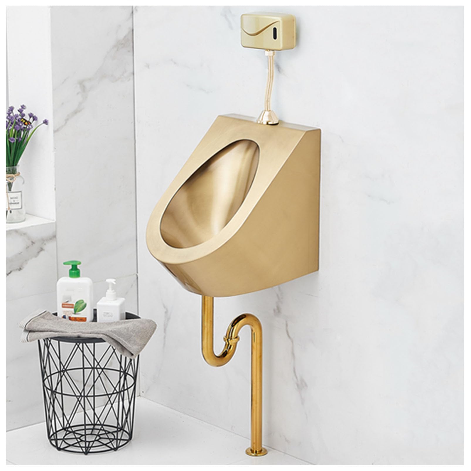 GTHTUHFD Men'S Flushing Urinal Stainless Steel Urinal, Commercial Washout High-Efficiency Urinal Creative Golden Urinal, Household Wall-Hung Toilets Urinal, For Hotels/Bars/A,Ground Drainage-Kit 2