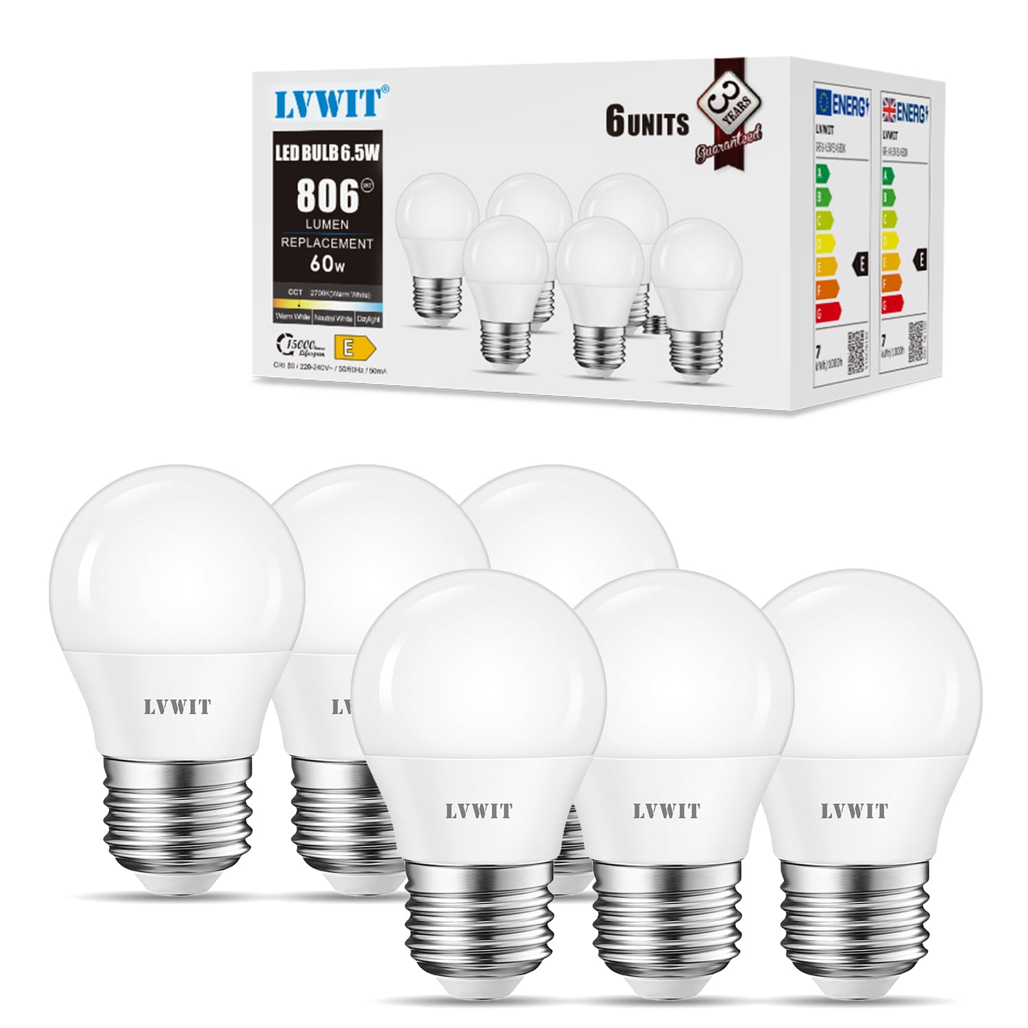 Lvwit Warm E27 Edison Golf Ball Bulb, G45 E27 Led Globe Bulb 60W Equivalent,6.5W 806 Lumen,2700K White Screw Globe Bulbs,G45 Golf Ball Energy Saving Light Bulbs,220-240V, Non-Dimmable, 6 Pack
