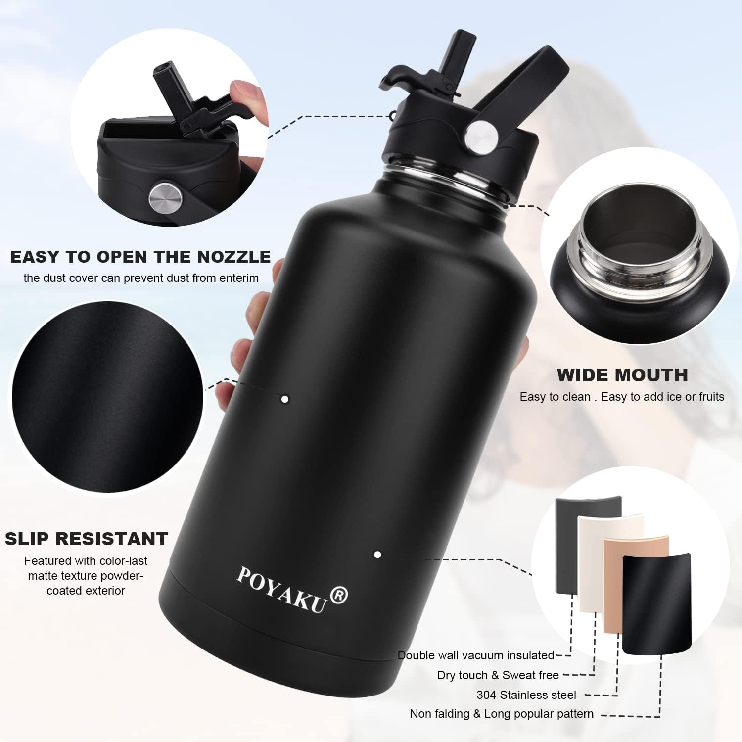 Water Bottle Insulated 32oz 40oz 64oz 128oz Straw Lid Spout Lid & 3 Lids, Leak Proof, Vacuum Insulated,Stainless Steel Water Bottle Wide Mouth for Sports, Gym or Office - Image 3